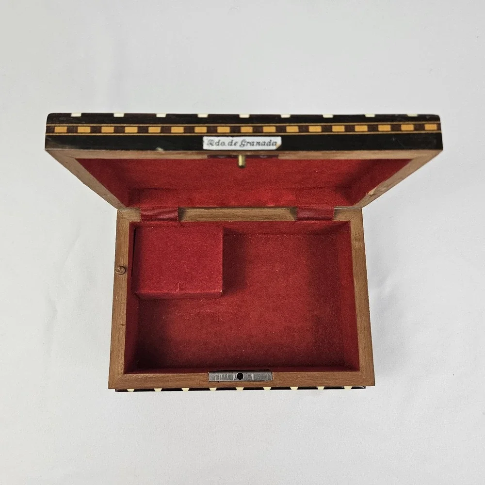 Spanish Marquetry Laquered Jewelry Box Musical Mosaic Vintage Mid-Century